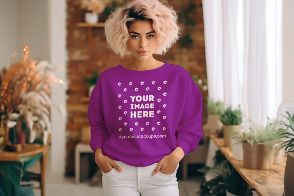 Woman Purple Sweatshirt Mockup Front View Template