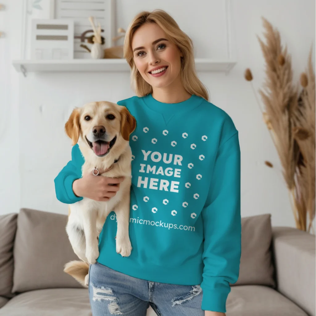 Woman Teal Sweatshirt Mockup Front View Template