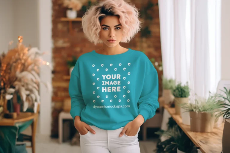 Woman Teal Sweatshirt Mockup Front View Template