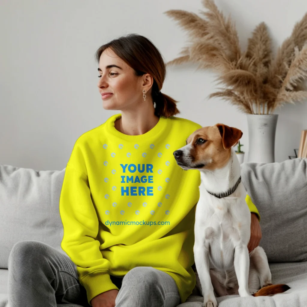 Woman Yellow Sweatshirt Mockup Front View Template