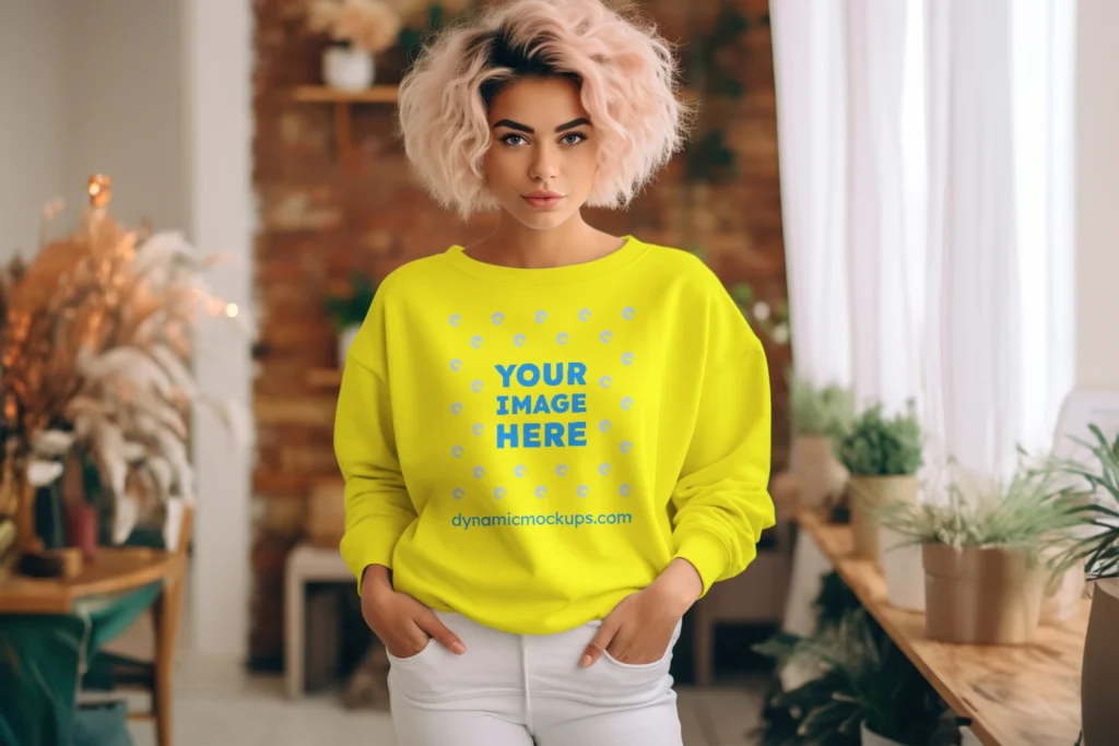 Woman Yellow Sweatshirt Mockup Front View Template