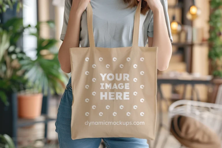 Woman Holding Beige Tote Bag Mockup Front View Template