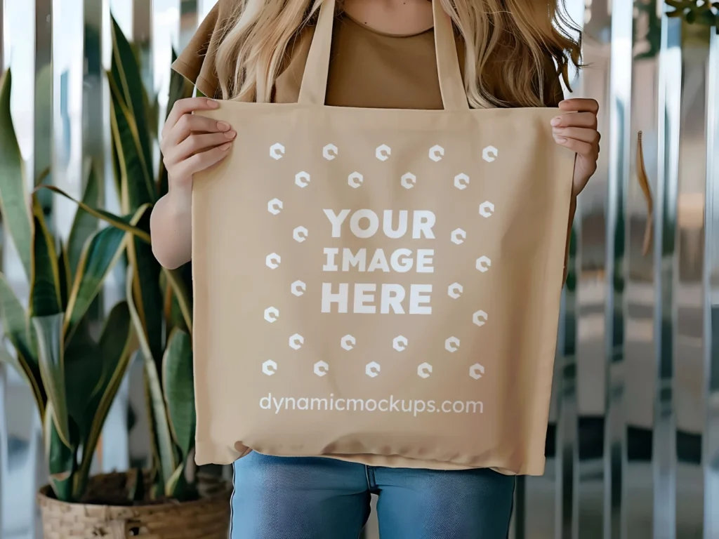 Woman Holding Beige Tote Bag Mockup Front View Template