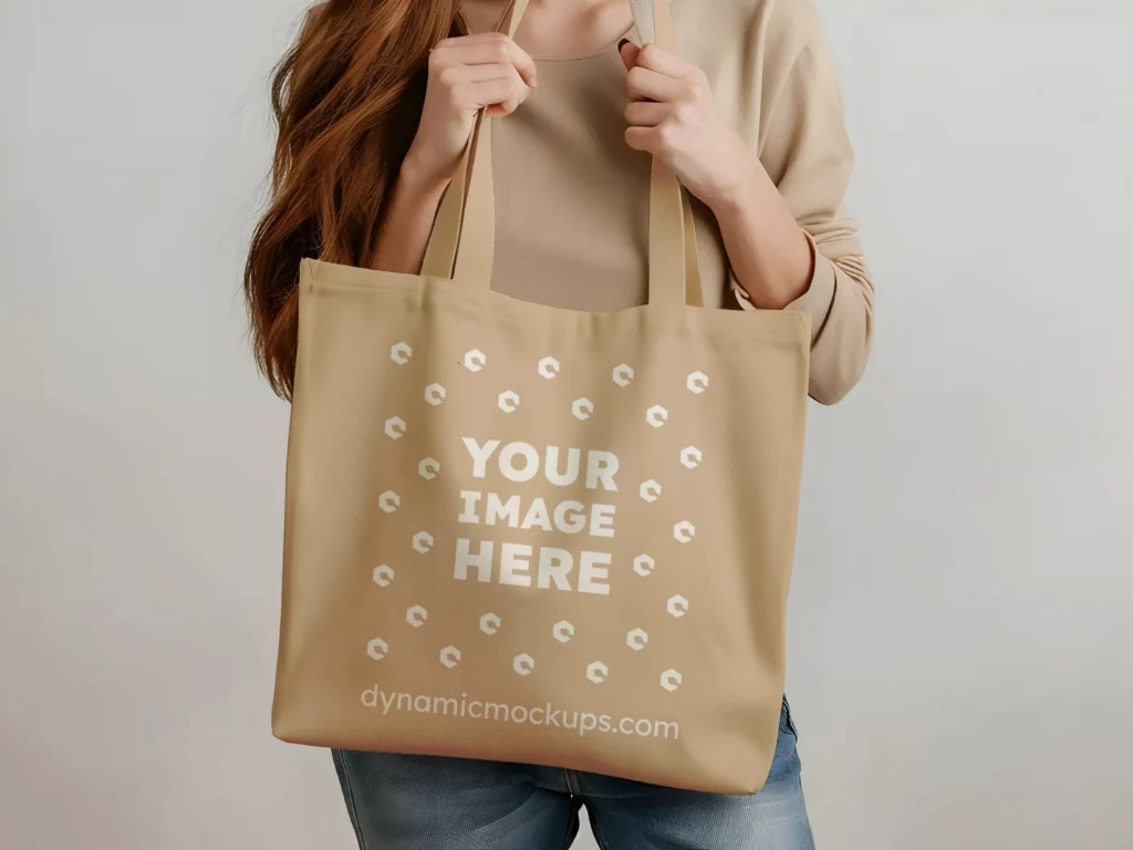 Woman Holding Beige Tote Bag Mockup Front View Template