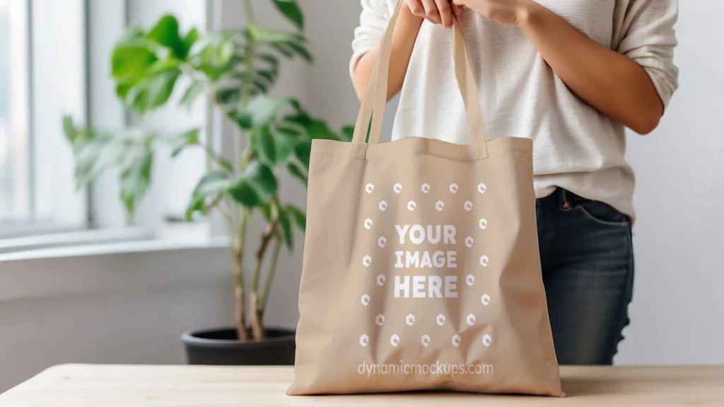 Woman Holding Beige Tote Bag Mockup Front View Template