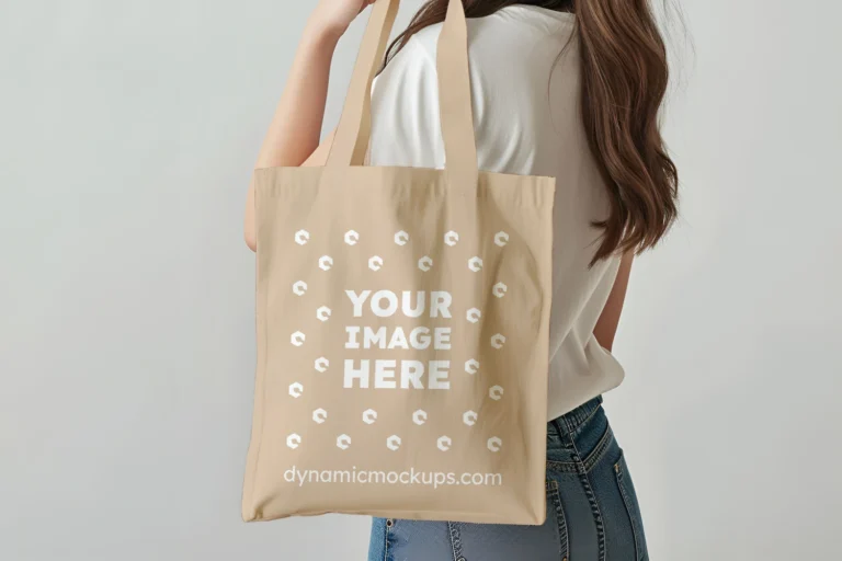 Woman Holding Beige Tote Bag Mockup Side View Template