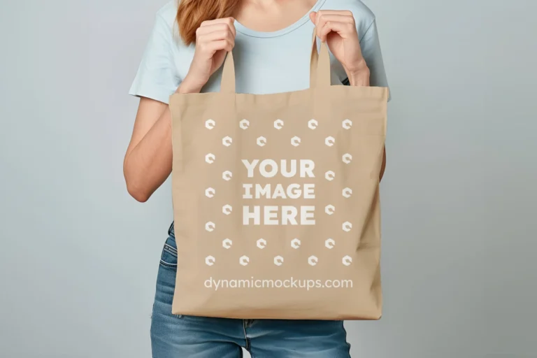 Woman Holding Beige Tote Bag Mockup Front View Template