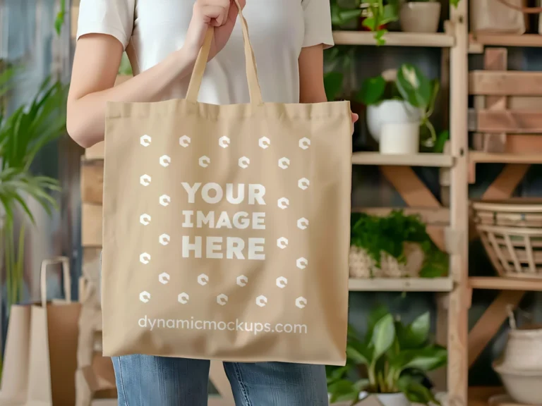 Woman Holding Beige Tote Bag Mockup Front View Template