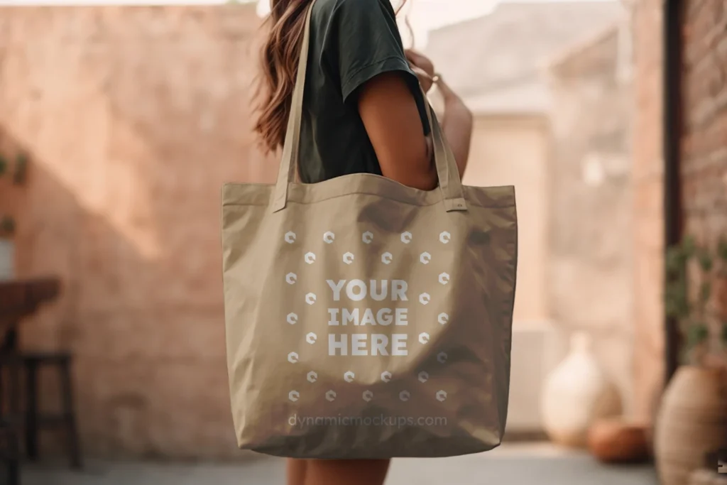 Woman Holding Beige Tote Bag Mockup Side View Template