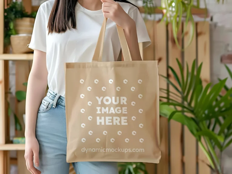 Woman Holding Beige Tote Bag Mockup Front View Template