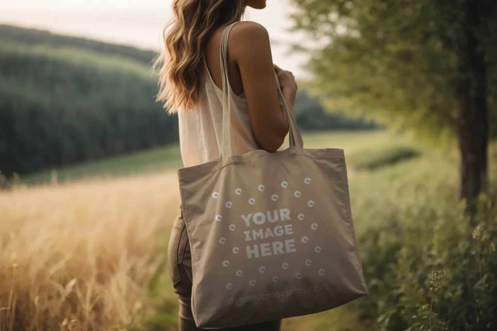 Woman Holding Beige Tote Bag Mockup Side View Template