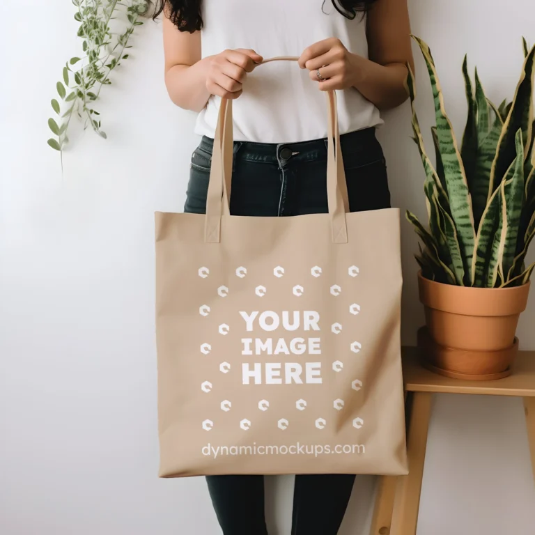 Woman Holding Beige Tote Bag Mockup Front View Template