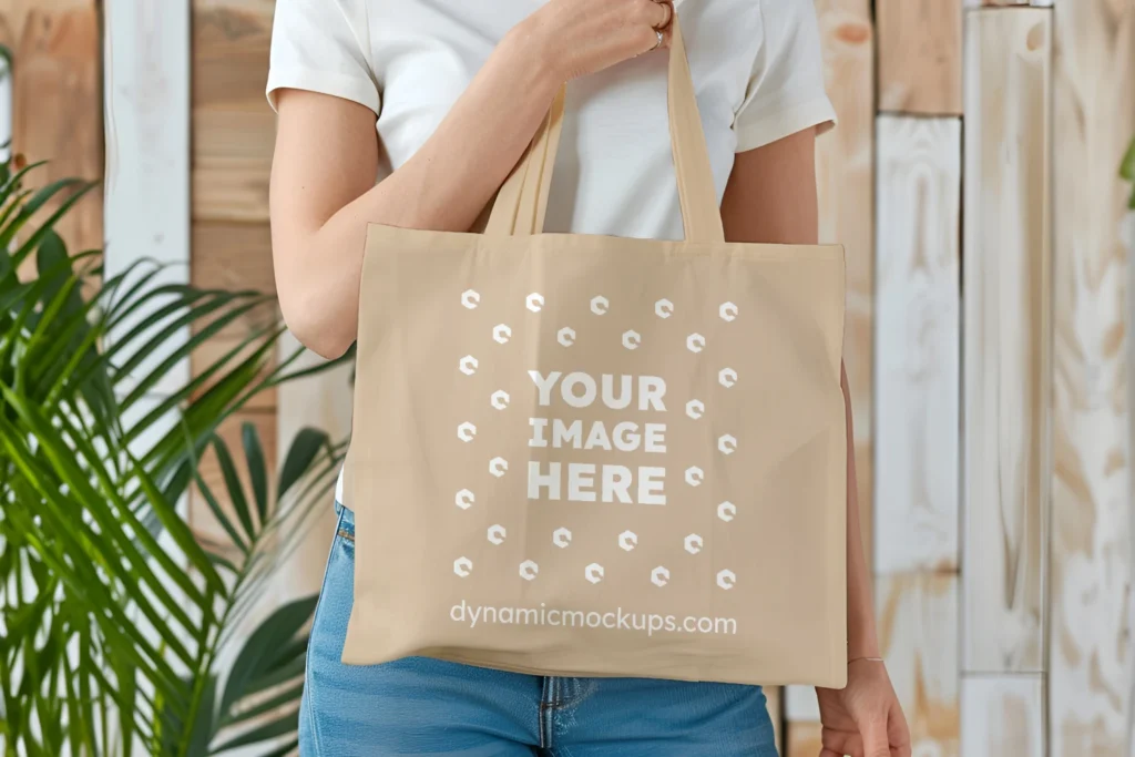 Woman Holding Beige Tote Bag Mockup Front View Template