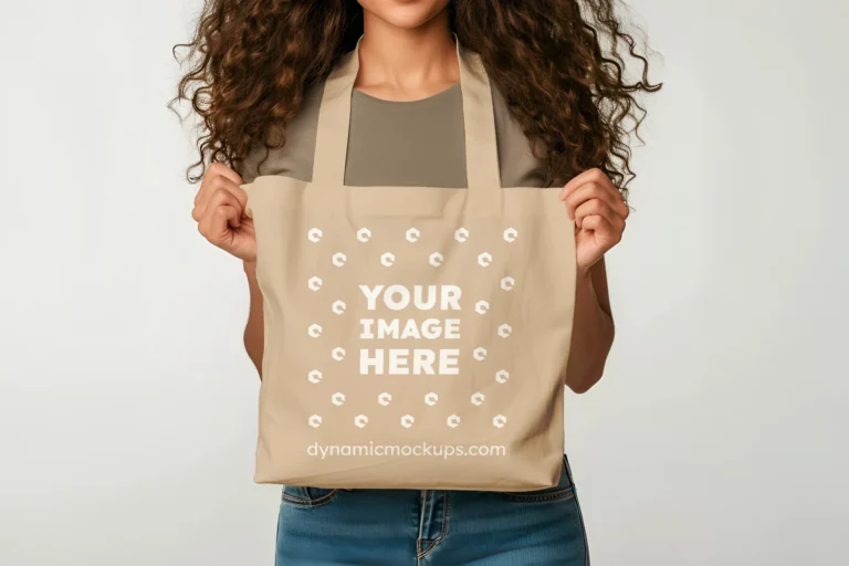 Woman Holding Beige Tote Bag Mockup Front View Template