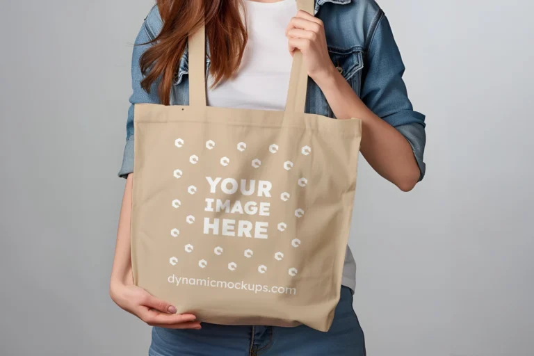 Woman Holding Beige Tote Bag Mockup Front View Template