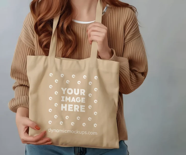 Woman Holding Beige Tote Bag Mockup Front View Template