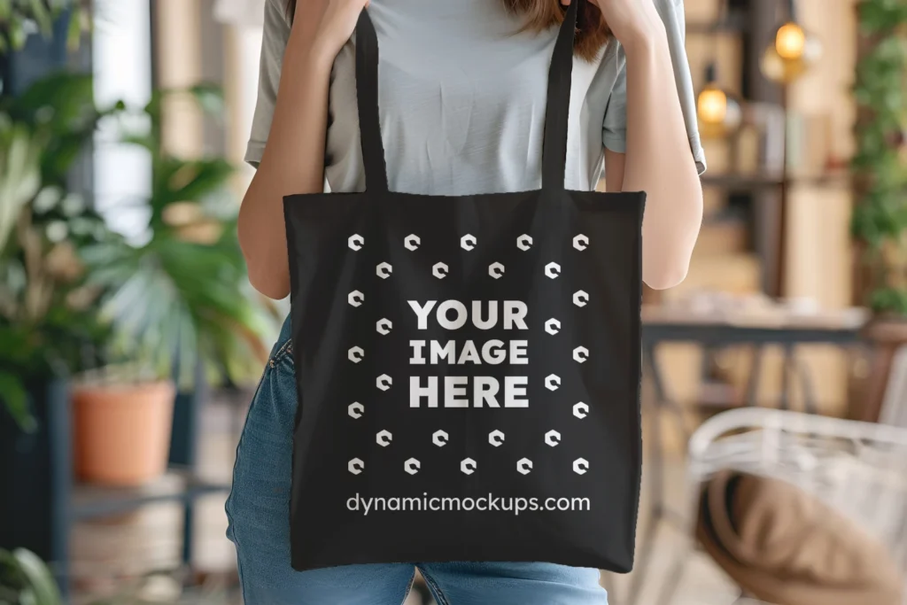 Woman Holding Black Tote Bag Mockup Front View Template