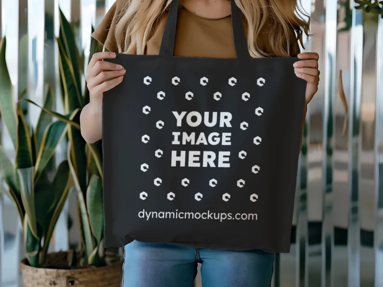 Woman Holding Black Tote Bag Mockup Front View Template