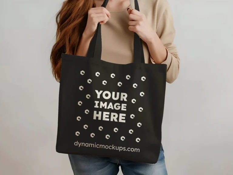 Woman Holding Black Tote Bag Mockup Front View Template