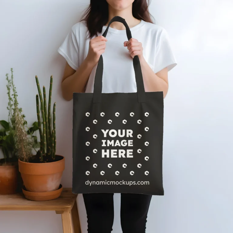 Woman Holding Black Tote Bag Mockup Front View Template