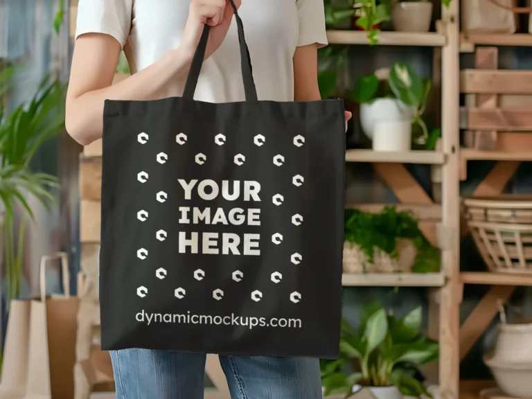 Woman Holding Black Tote Bag Mockup Front View Template