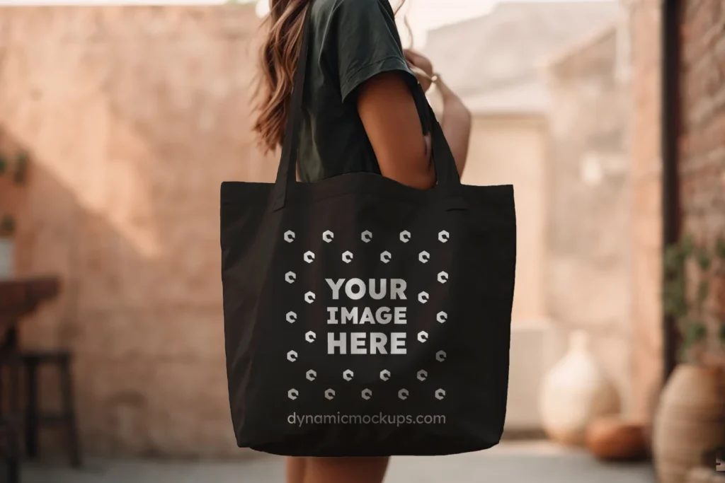 Woman Holding Black Tote Bag Mockup Side View Template