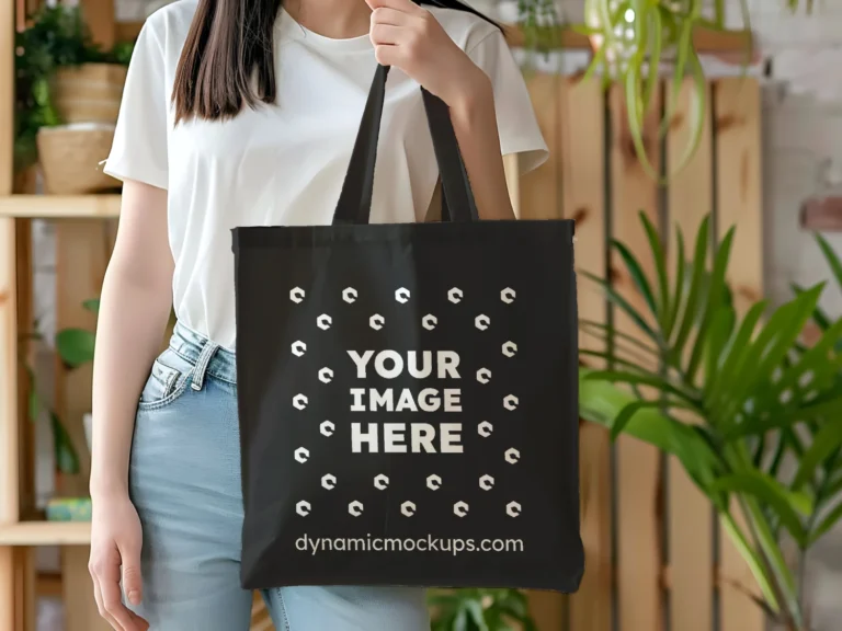 Woman Holding Black Tote Bag Mockup Front View Template