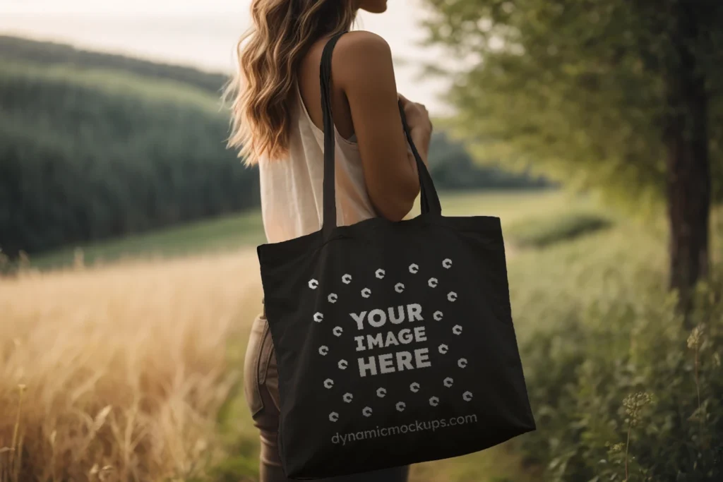 Woman Holding Black Tote Bag Mockup Side View Template