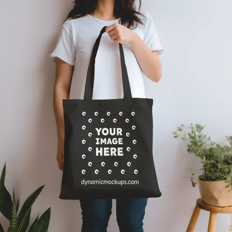 Woman Holding Black Tote Bag Mockup Front View Template