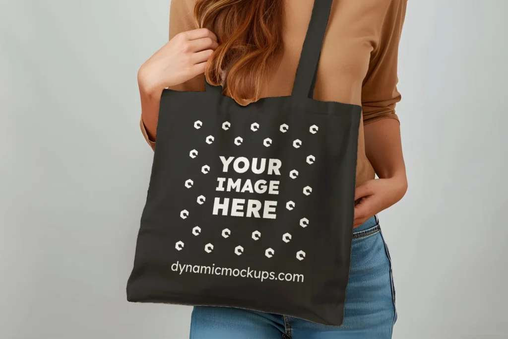 Woman Holding Black Tote Bag Mockup Front View Template