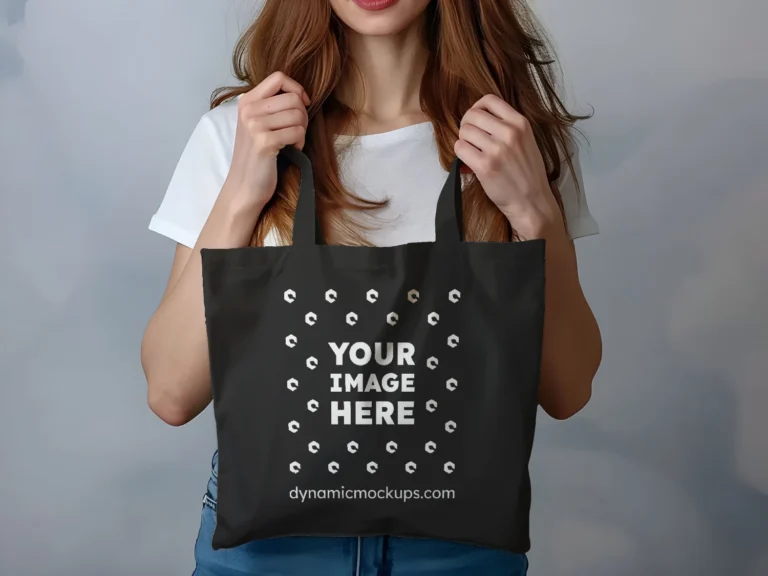 Woman Holding Black Tote Bag Mockup Front View Template