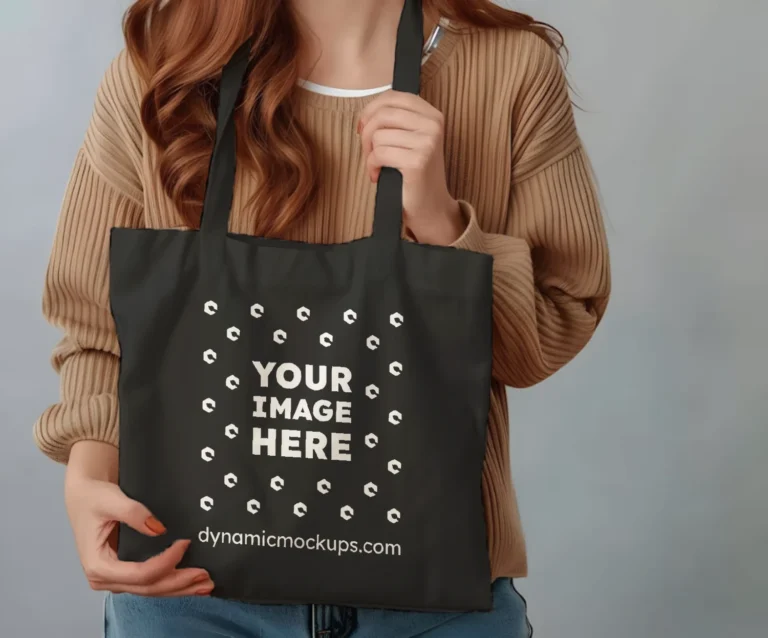 Woman Holding Black Tote Bag Mockup Front View Template