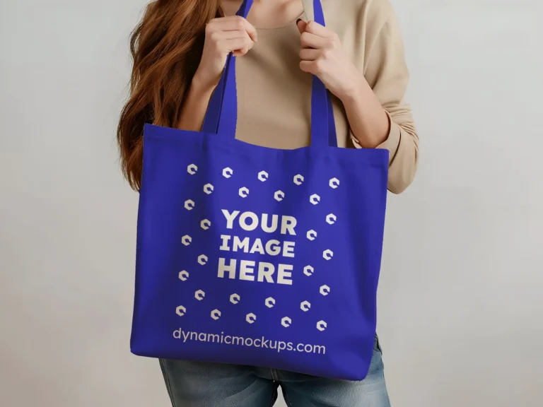 Woman Holding Blue Tote Bag Mockup Front View Template