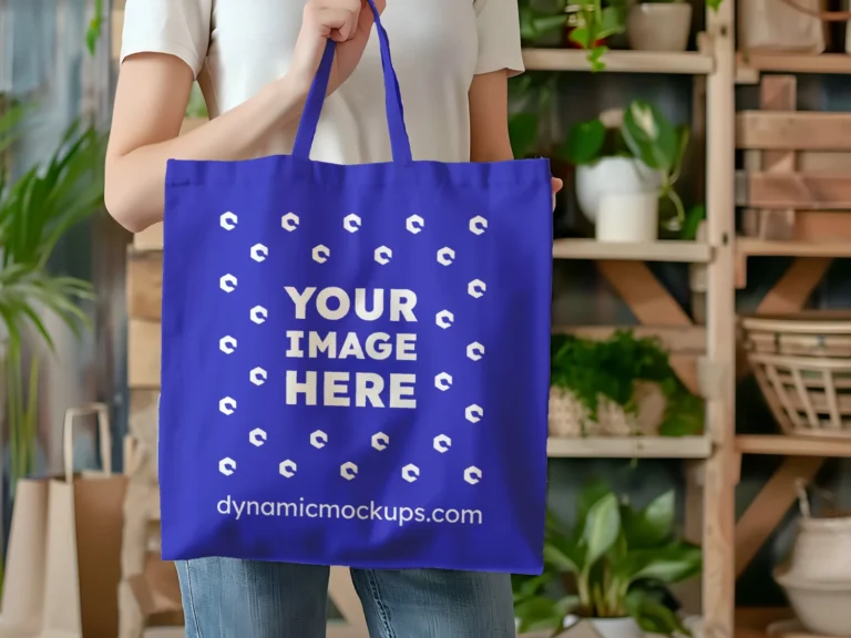 Woman Holding Blue Tote Bag Mockup Front View Template