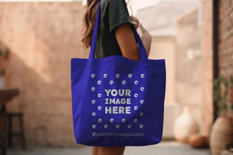 Woman Holding Blue Tote Bag Mockup Side View Template