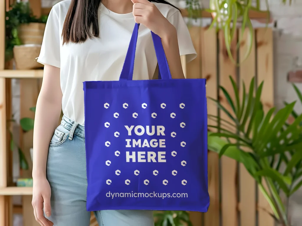 Woman Holding Blue Tote Bag Mockup Front View Template