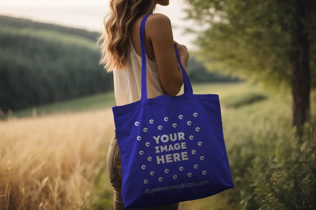 Woman Holding Blue Tote Bag Mockup Side View Template