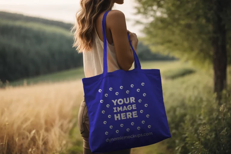 Woman Holding Blue Tote Bag Mockup Side View Template