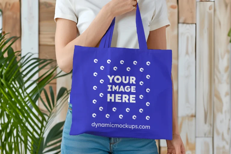 Woman Holding Blue Tote Bag Mockup Front View Template