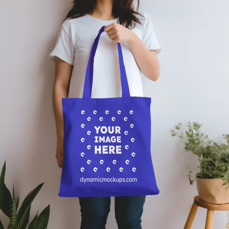 Woman Holding Blue Tote Bag Mockup Front View Template