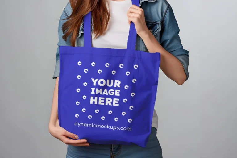 Woman Holding Blue Tote Bag Mockup Front View Template