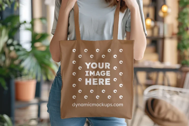 Woman Holding Brown Tote Bag Mockup Front View Template