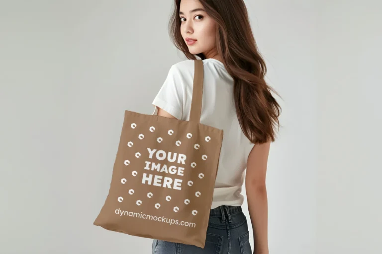 Woman Holding Brown Tote Bag Mockup Back View Template