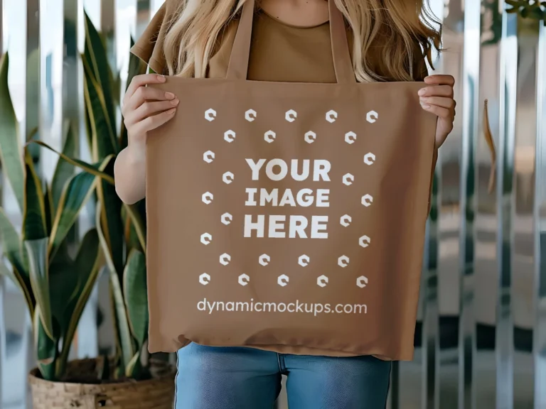 Woman Holding Brown Tote Bag Mockup Front View Template