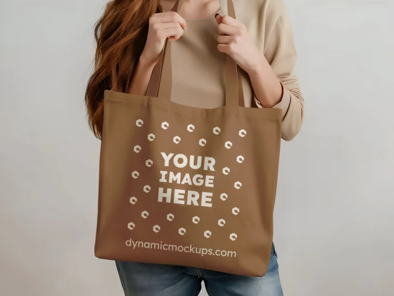 Woman Holding Brown Tote Bag Mockup Front View Template