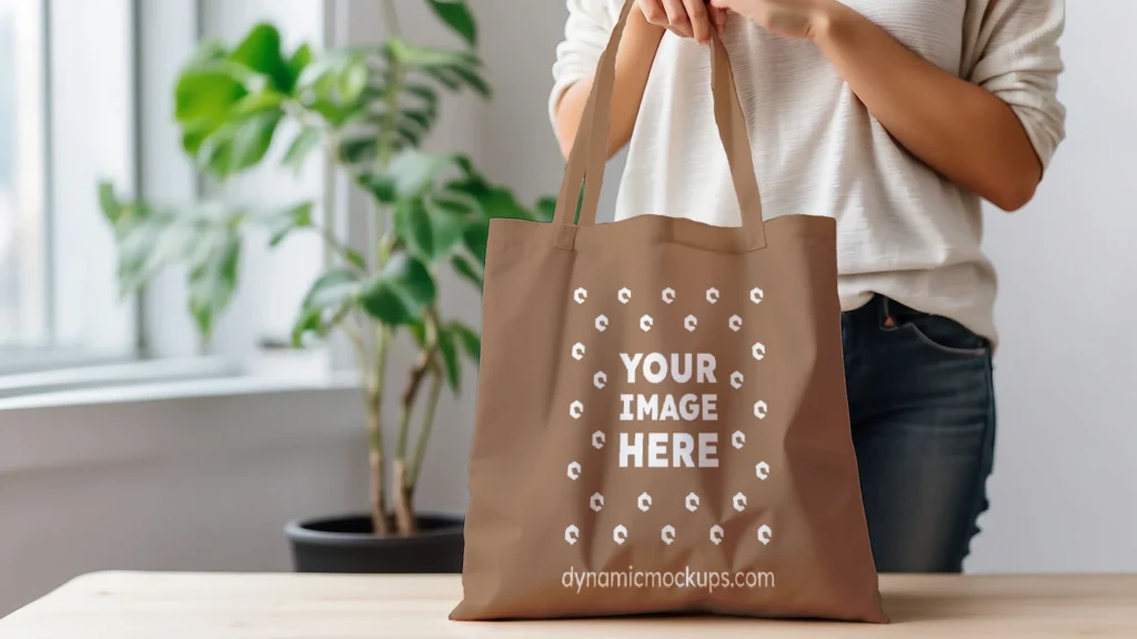 Woman Holding Brown Tote Bag Mockup Front View Template