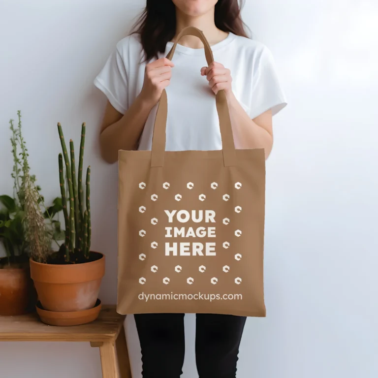 Woman Holding Brown Tote Bag Mockup Front View Template