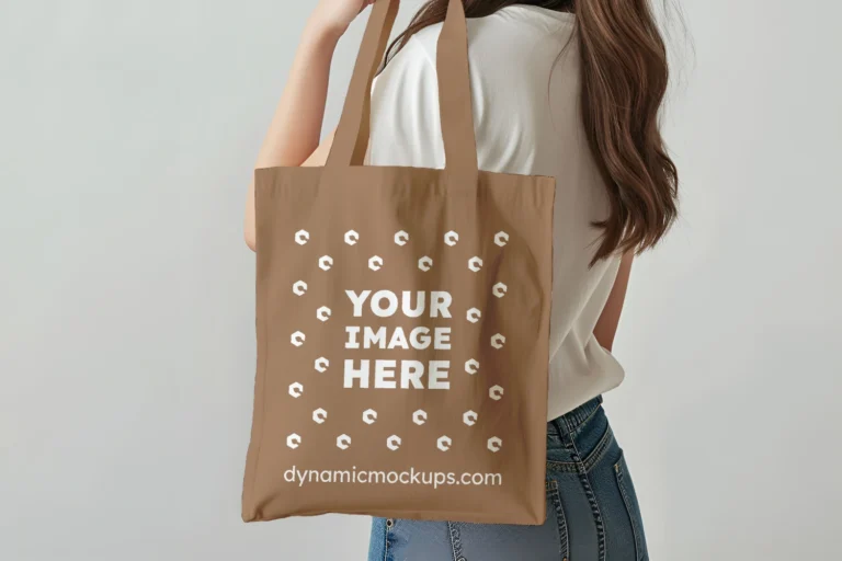 Woman Holding Brown Tote Bag Mockup Side View Template