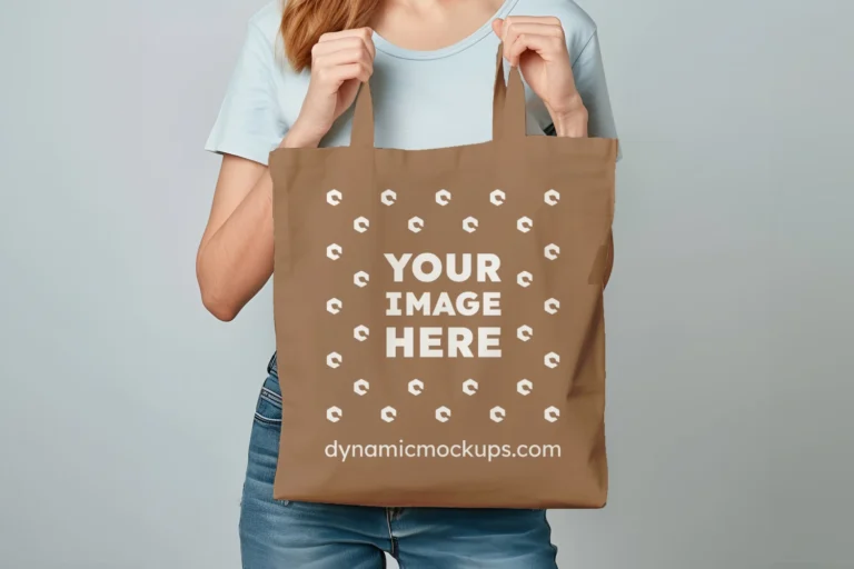 Woman Holding Brown Tote Bag Mockup Front View Template