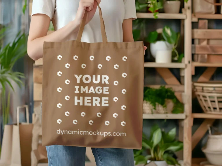 Woman Holding Brown Tote Bag Mockup Front View Template